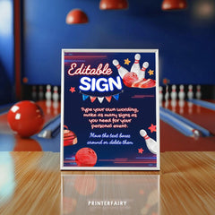 Bowling Birthday Party Sign, Editable Printable Poster (Instant Download)