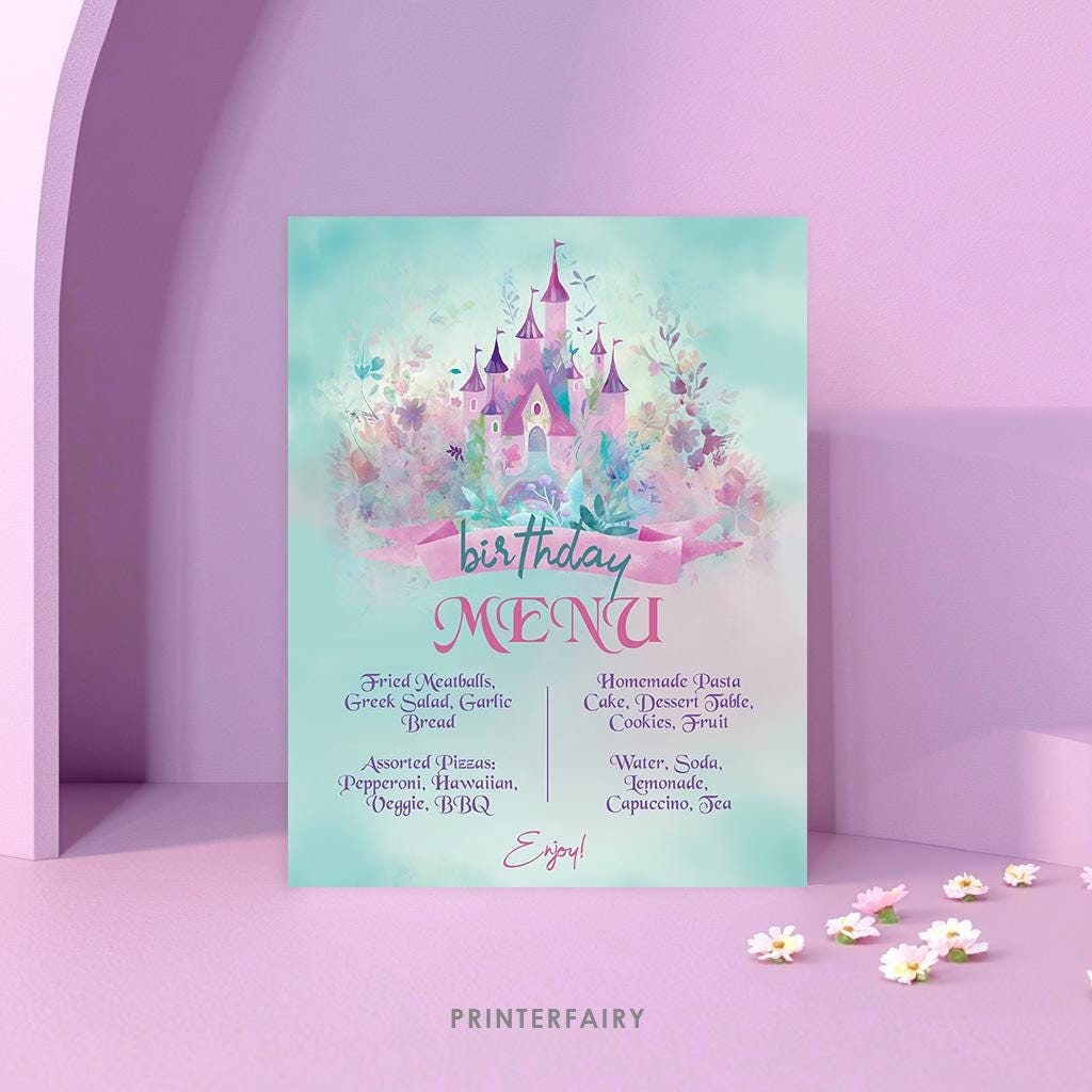 Princess Castle Birthday Party Menu, Editable Printable (Digital Download)