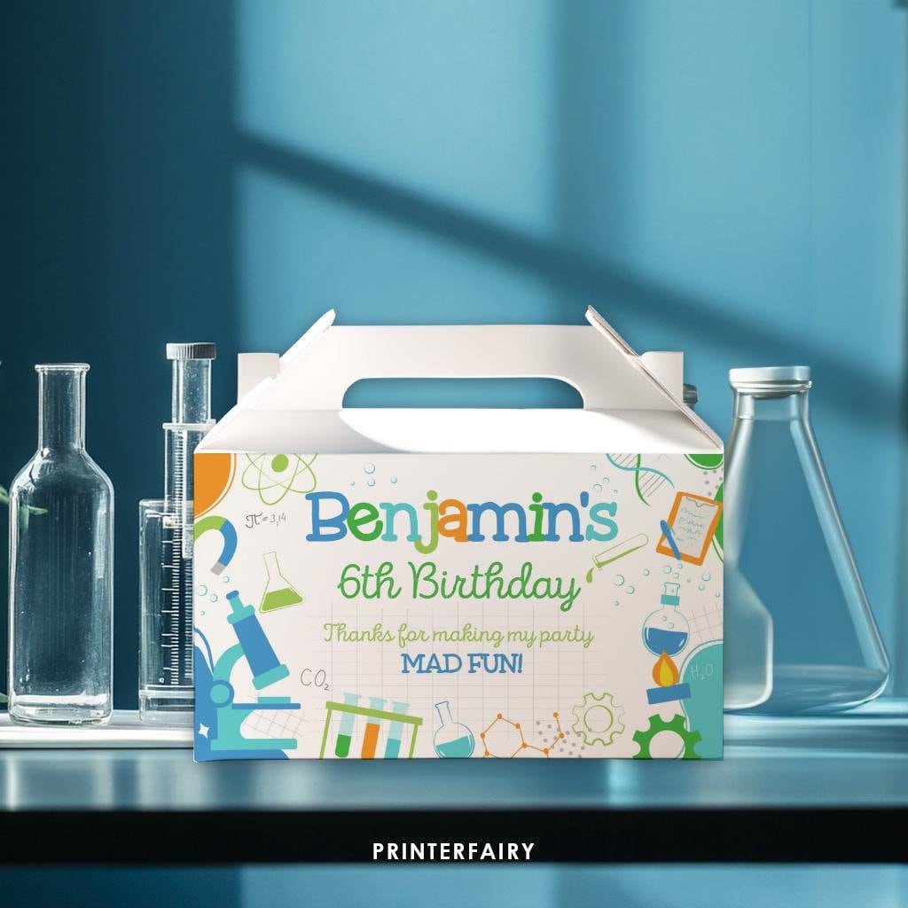 Science Birthday Party Gable Box Label, Editable (Digital)