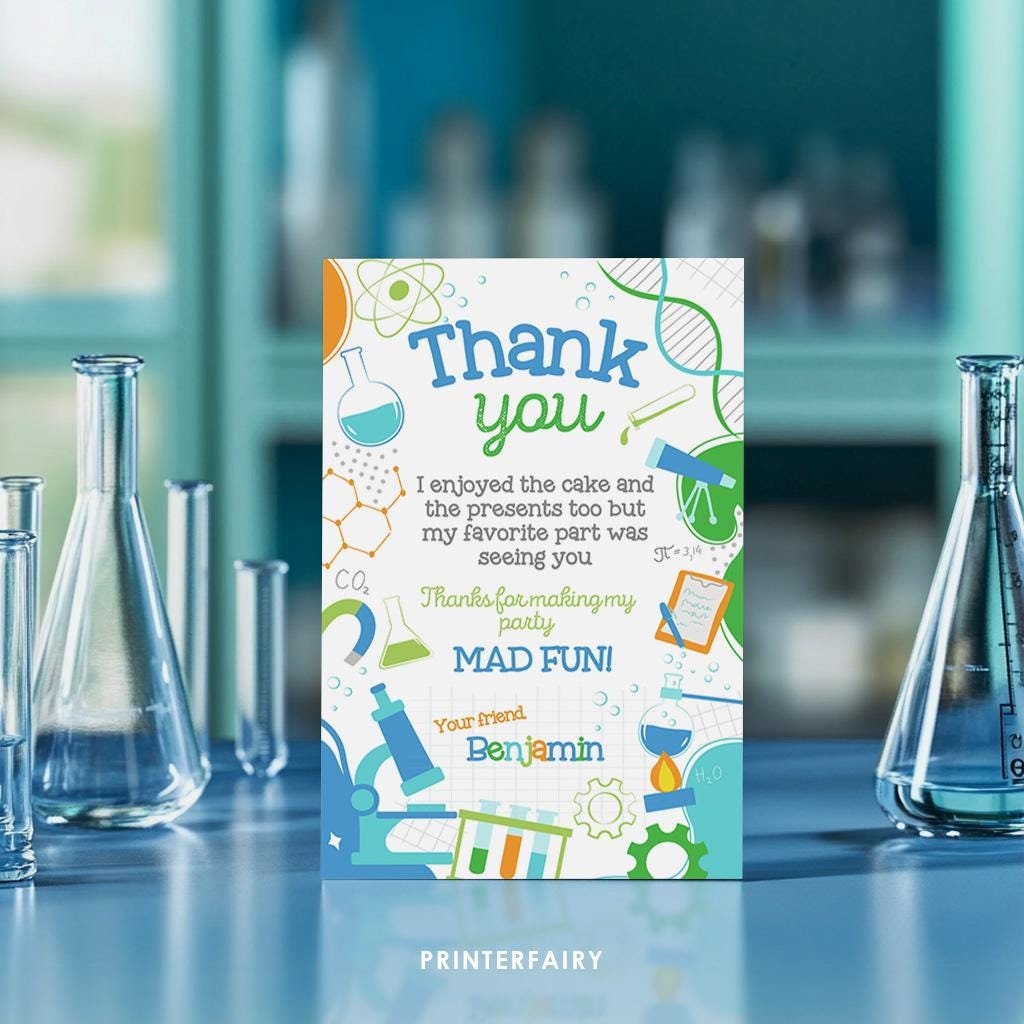 Science Birthday Thank You Card, Editable Printable