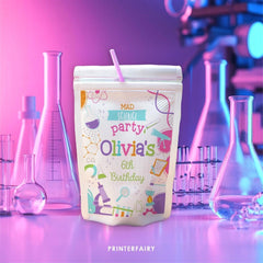 Editable Science Birthday Party Drink Pouch Label (Digital Item)