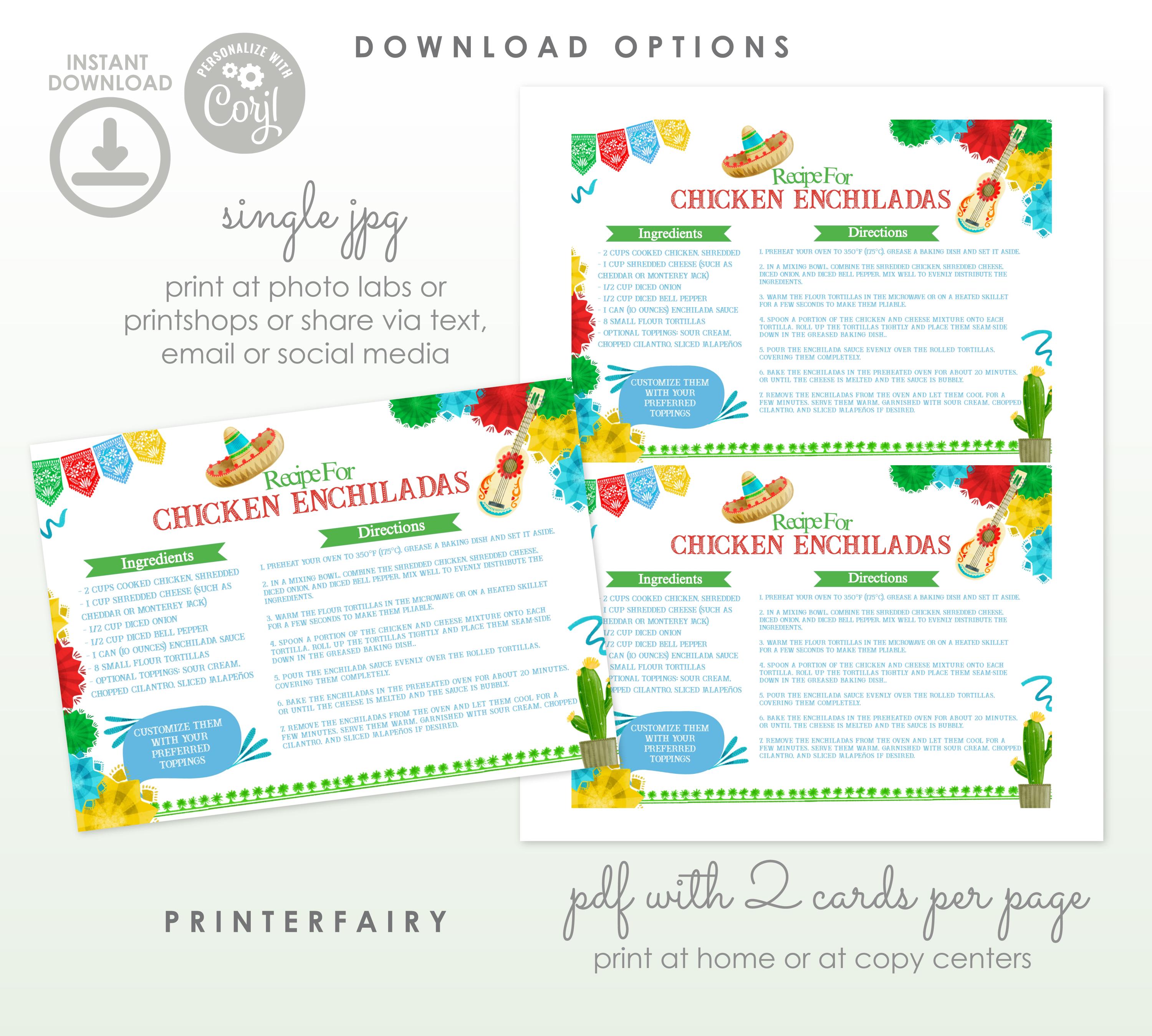 Mexican Recipe Card Editable Printable Template, Cinco de Mayo Recipes, Mexican Dishes, Instant Download