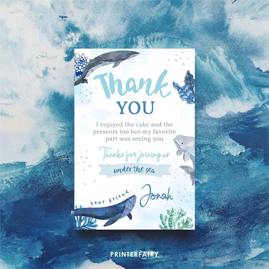 Whales Birthday Thank You Card, Under the Sea Party (Download Printable)