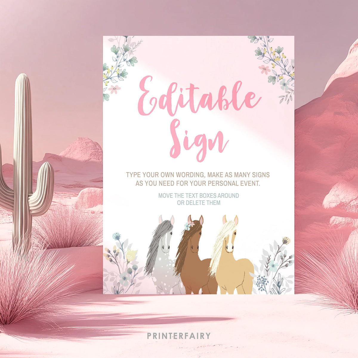 Floral Horse Birthday Sign, Editable Pony Party Decor (Digital Download)