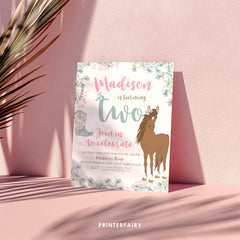 Floral Horse 2nd Birthday Invitation, Editable Pony Party (Digital Download)