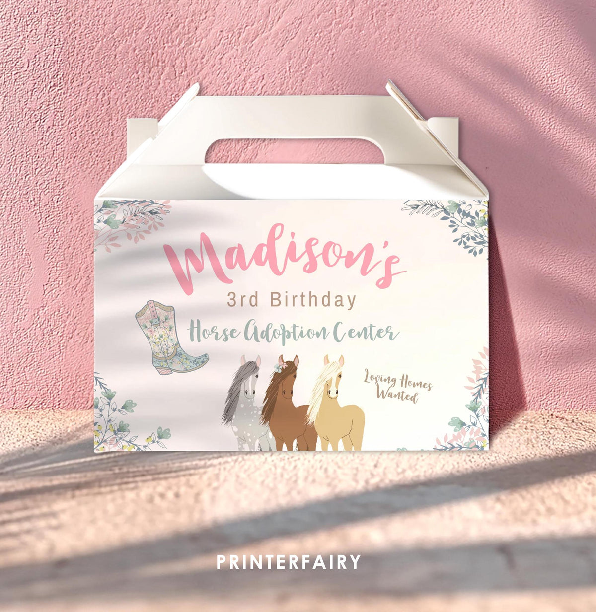 Floral Horse Birthday Gable Box Label, Editable Pony Party (Digital Download)