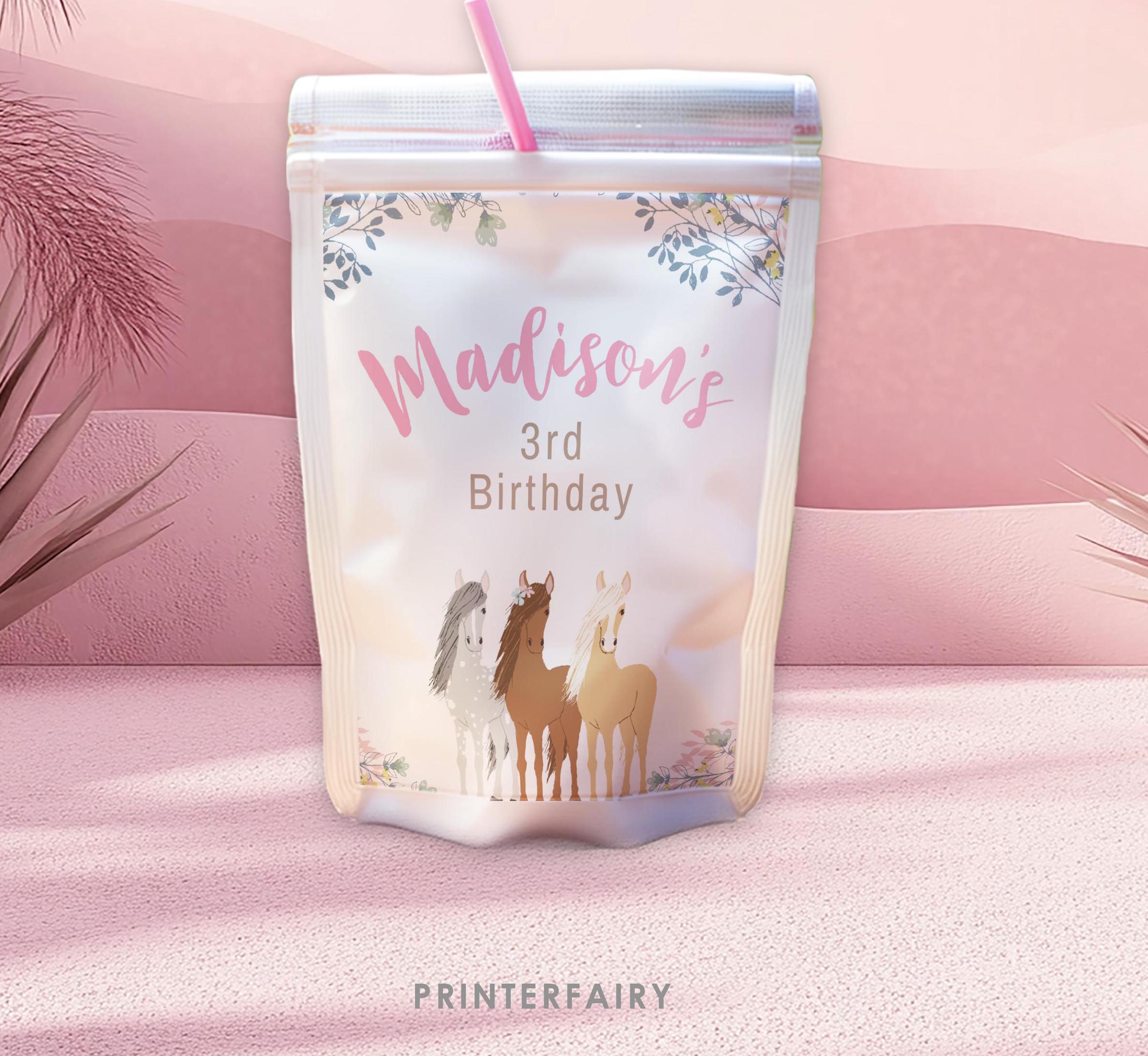Floral Horse Drink Pouch Label, Editable Western Birthday Party (Digital Download)
