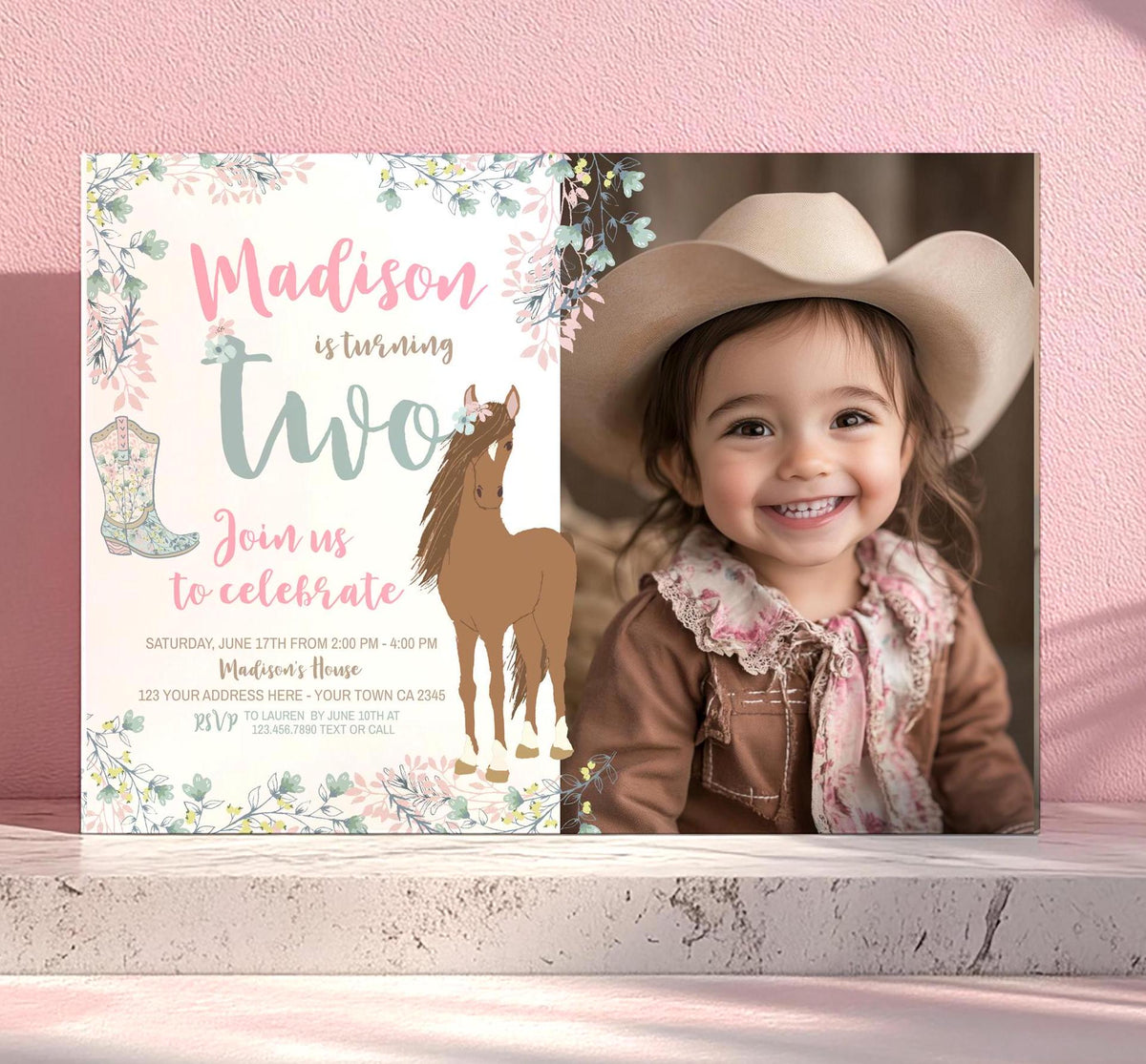 Floral Horse 2nd Birthday Invitation with Photo, Editable (Digital Download)
