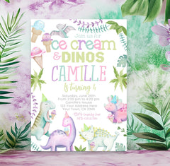 Ice Cream Dinos Birthday Invitation, Girl Dinosaur Party (EDITABLE, Instant Download)