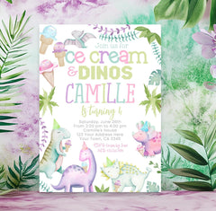 Ice Cream Dinos Birthday Invitation, Girl Dinosaur Party (EDITABLE, Instant Download)