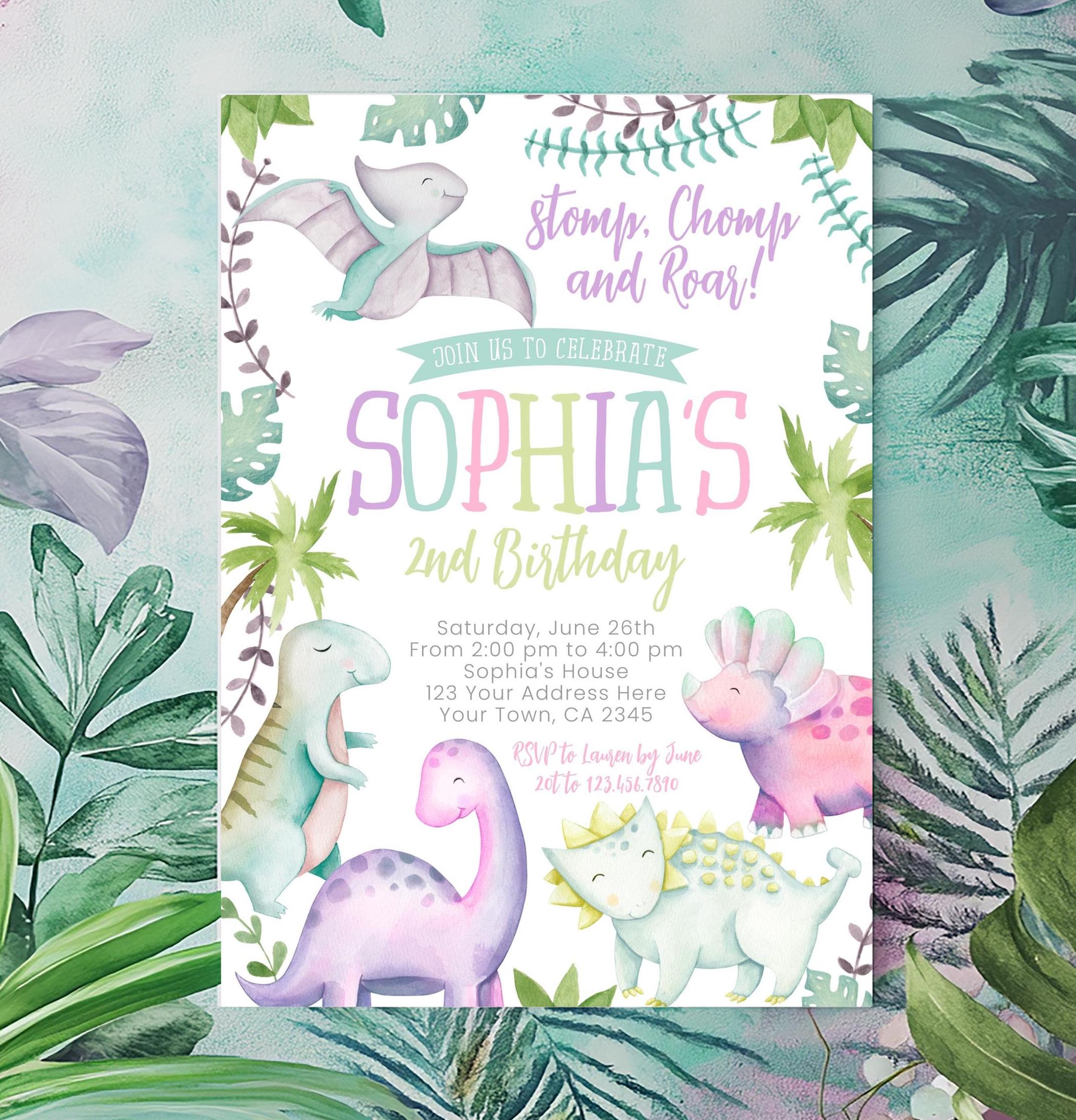Editable Dinosaur Girl Birthday Invitation (Instant Download)