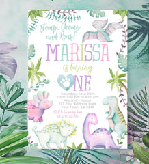 Dinosaur Girl First Birthday Invitation, Editable (Instant Download)