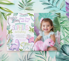 Dinosaur Girl Birthday Invitation with Photo, Editable (Instant Download)