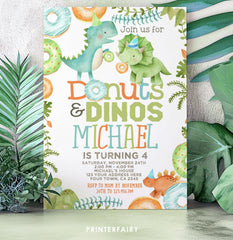 Donuts and Dinosaurs Birthday Invitation, Editable (Digital Download)