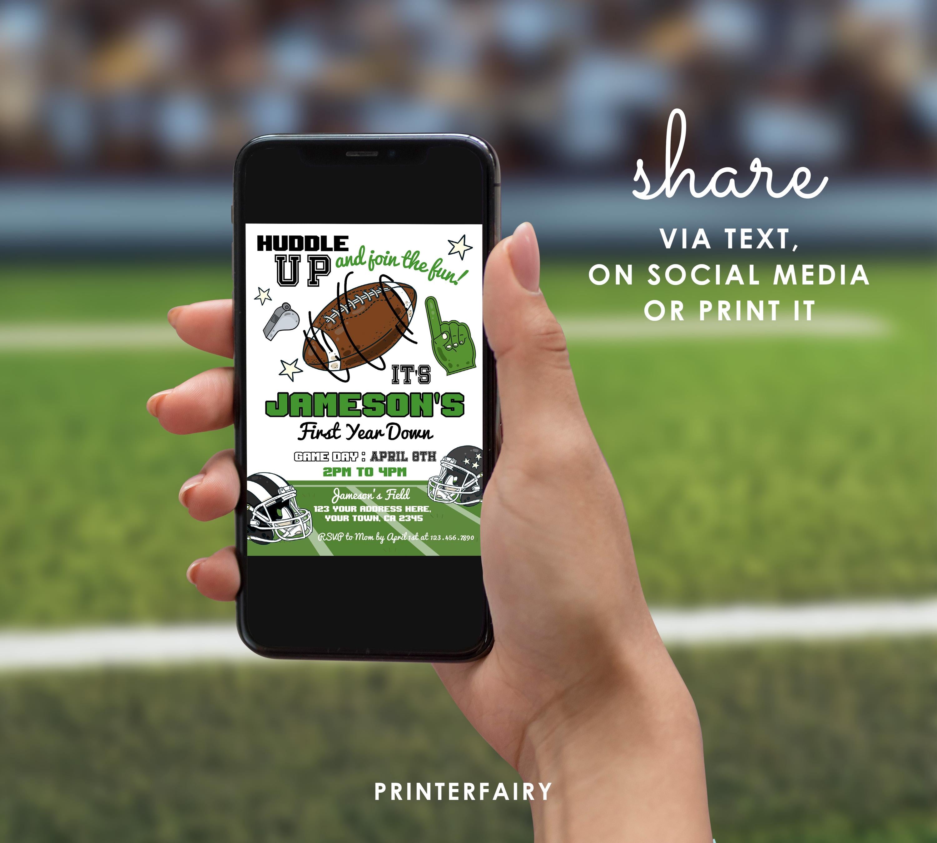 Football 1st Birthday Invitation Editable Template, First Year Down, Instant Download