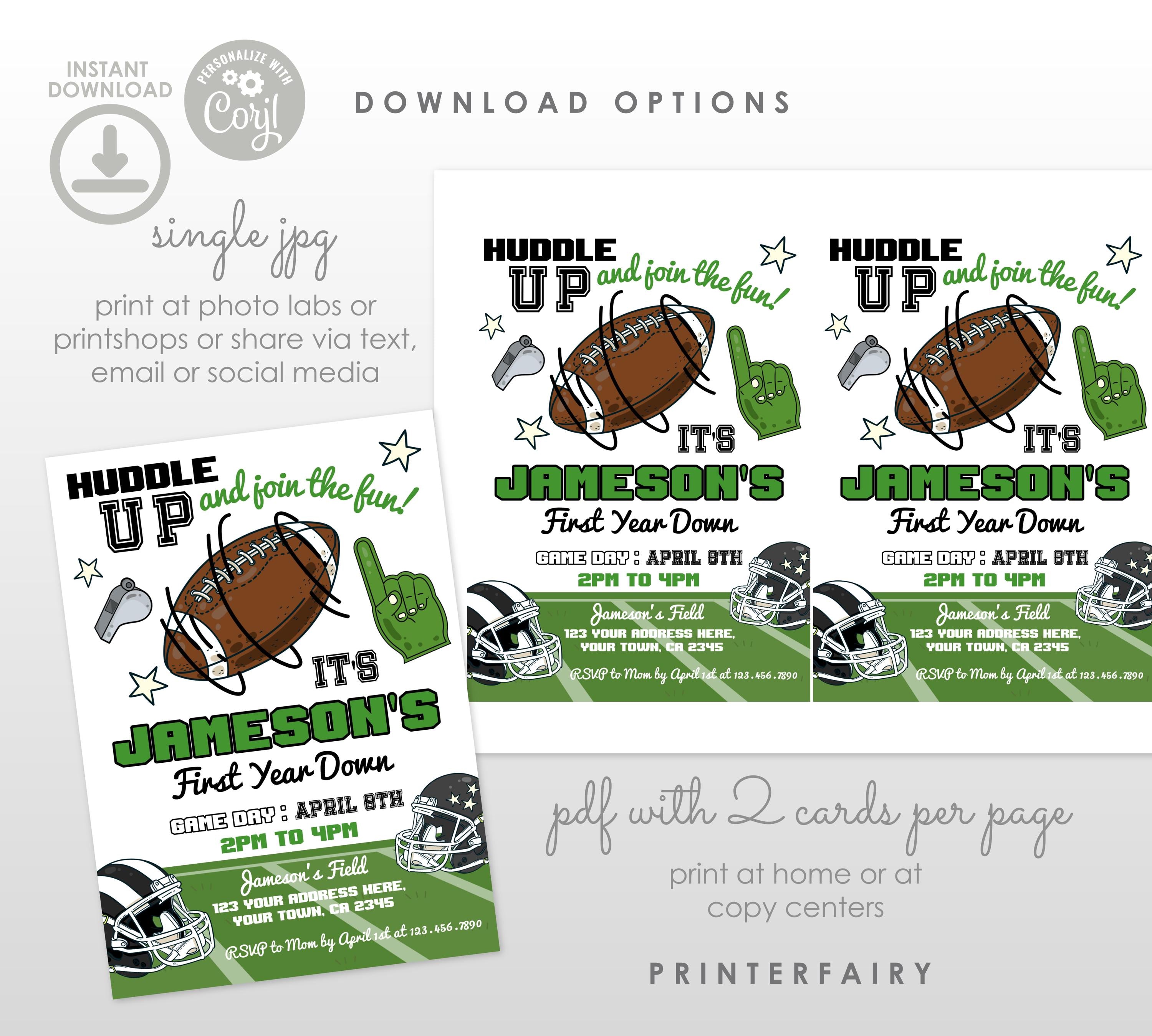 Football 1st Birthday Invitation Editable Template, First Year Down, Instant Download