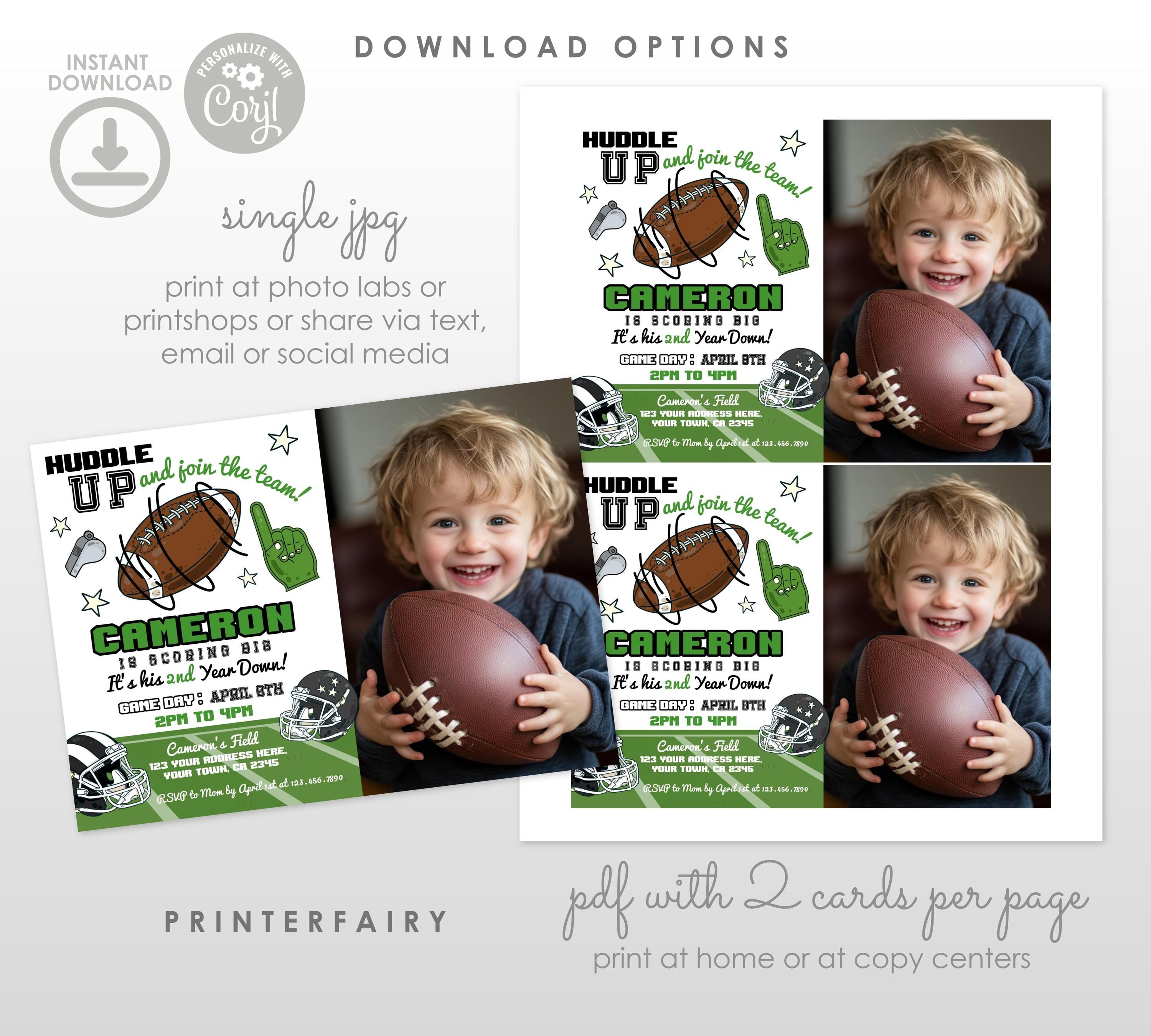 Football 2nd Birthday Invitation With Photo Editable Template, Instant Download