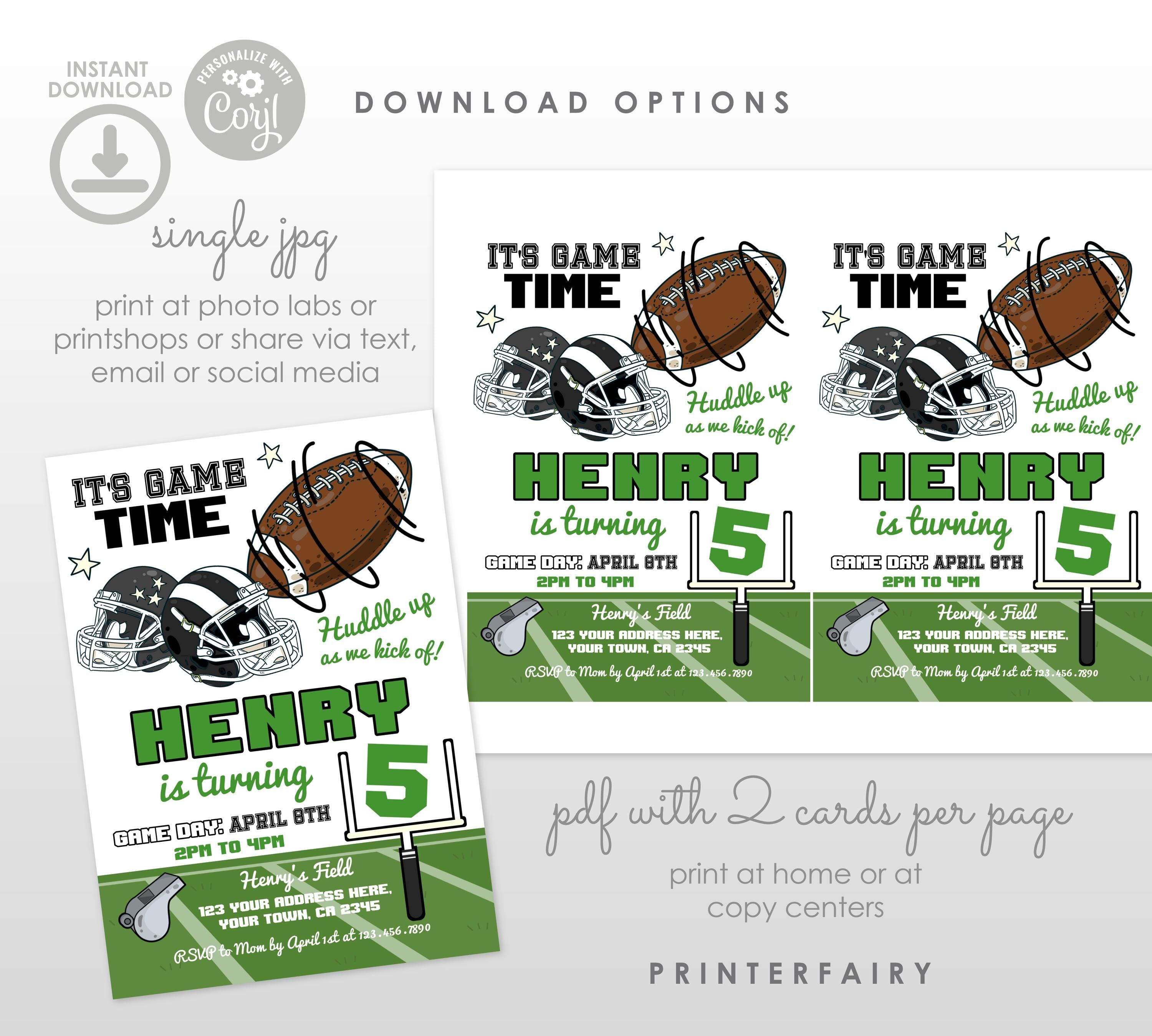Football Birthday Invitation, Editable Sport Party Template (Instant Download)