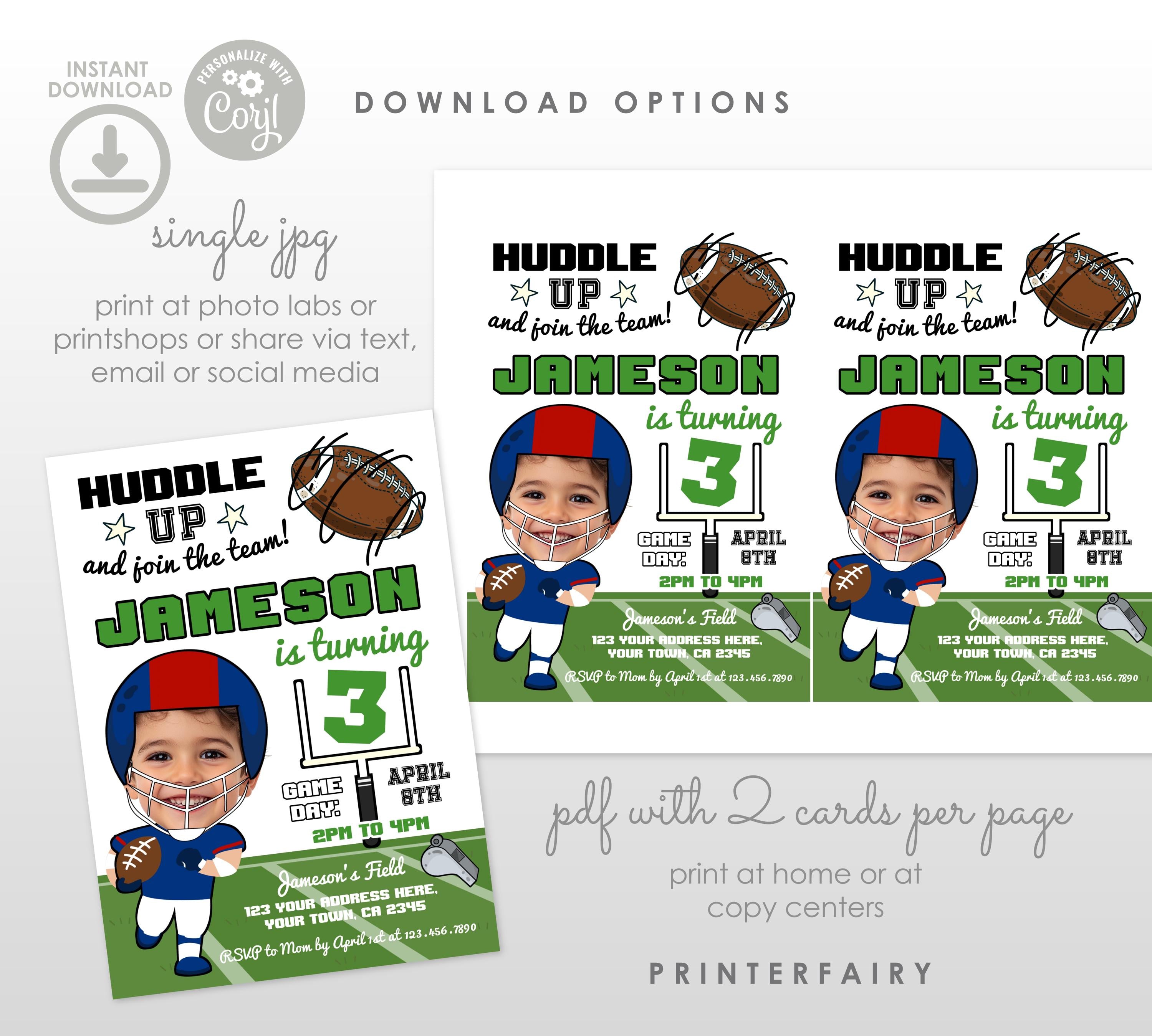 Football Birthday Invitation with Photo, Editable Template (Digital Download)