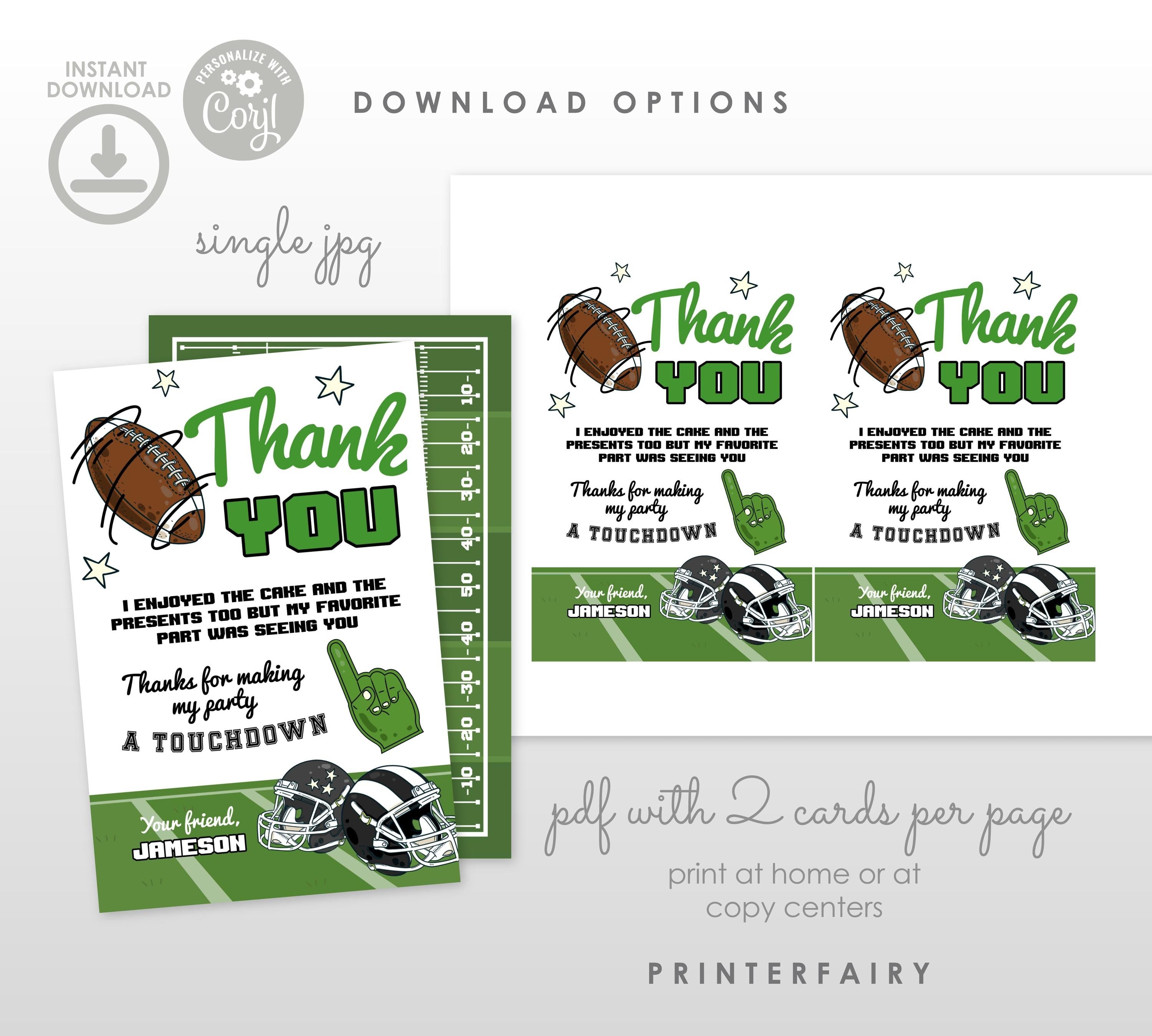 Football Birthday Thank You Card, Editable Template (Instant Download)