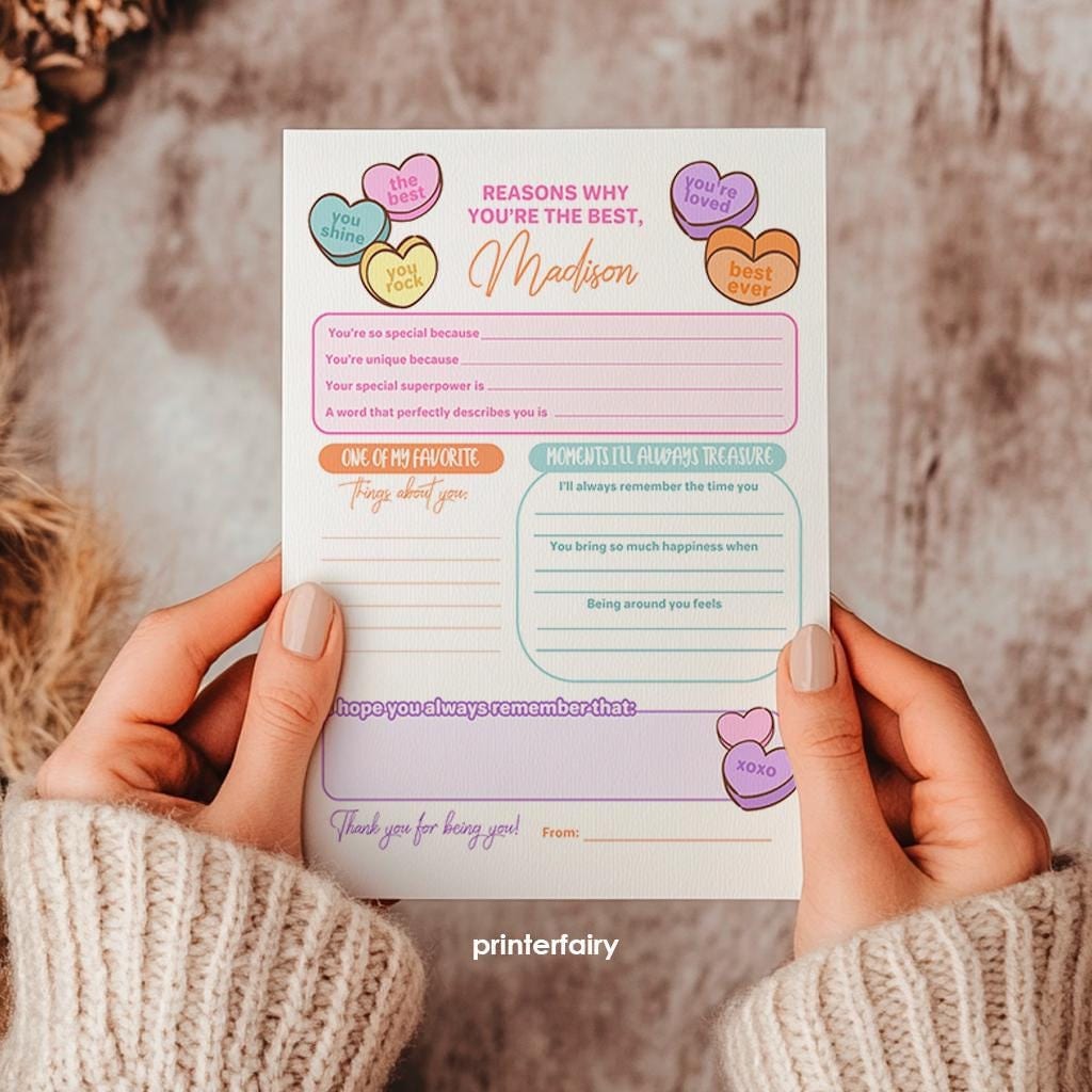 Valentines Day Card Printable Positive Affirmations Card, with editable Heart Candy phrases, Instant Download