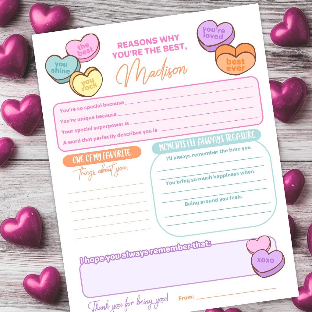 Valentines Day Card Printable Positive Affirmations Card, with editable Heart Candy phrases, Instant Download