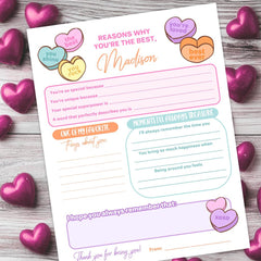 Valentines Day Card Printable Positive Affirmations Card, with editable Heart Candy phrases, Instant Download