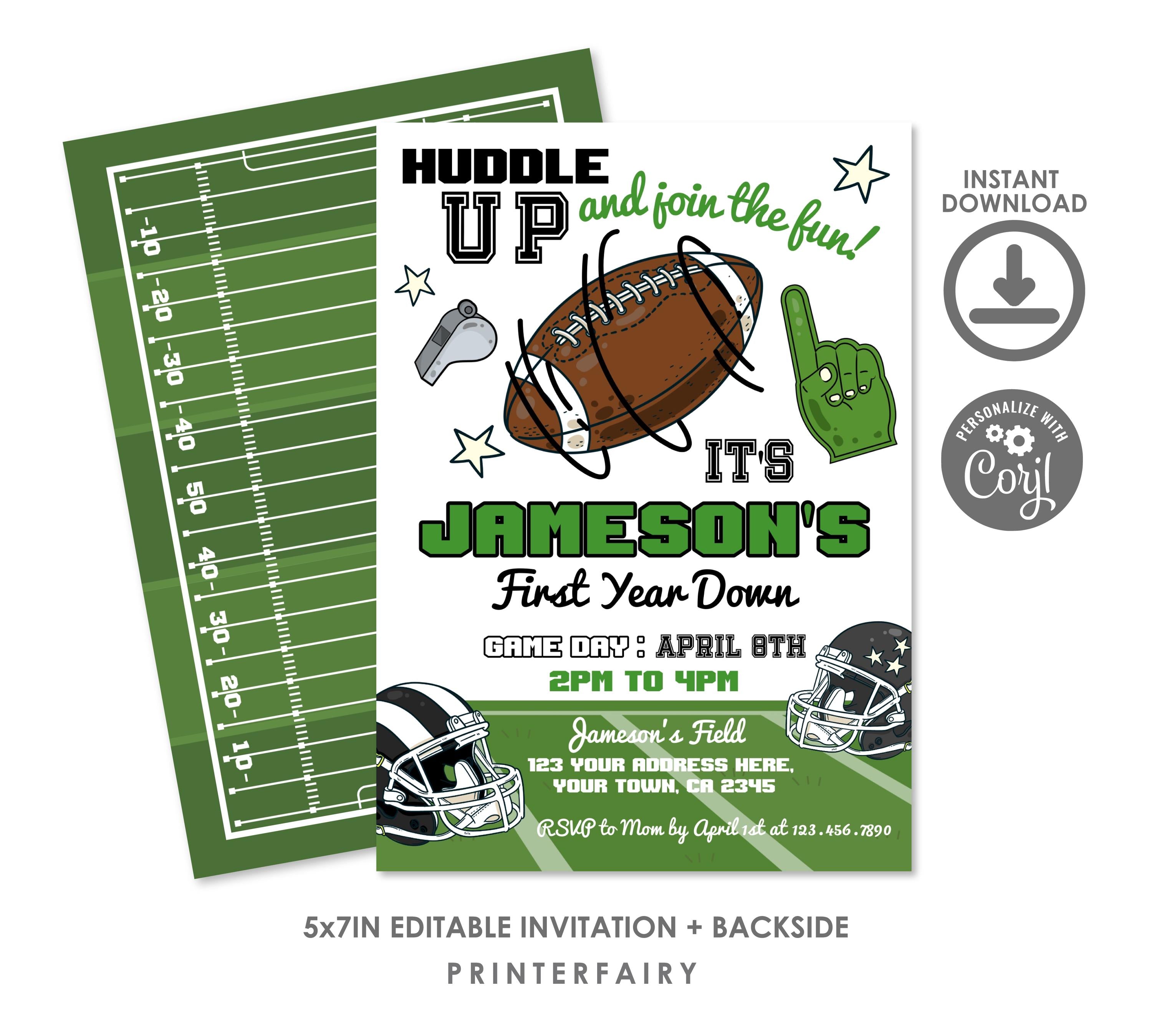 Football 1st Birthday Invitation Editable Template, First Year Down, Instant Download