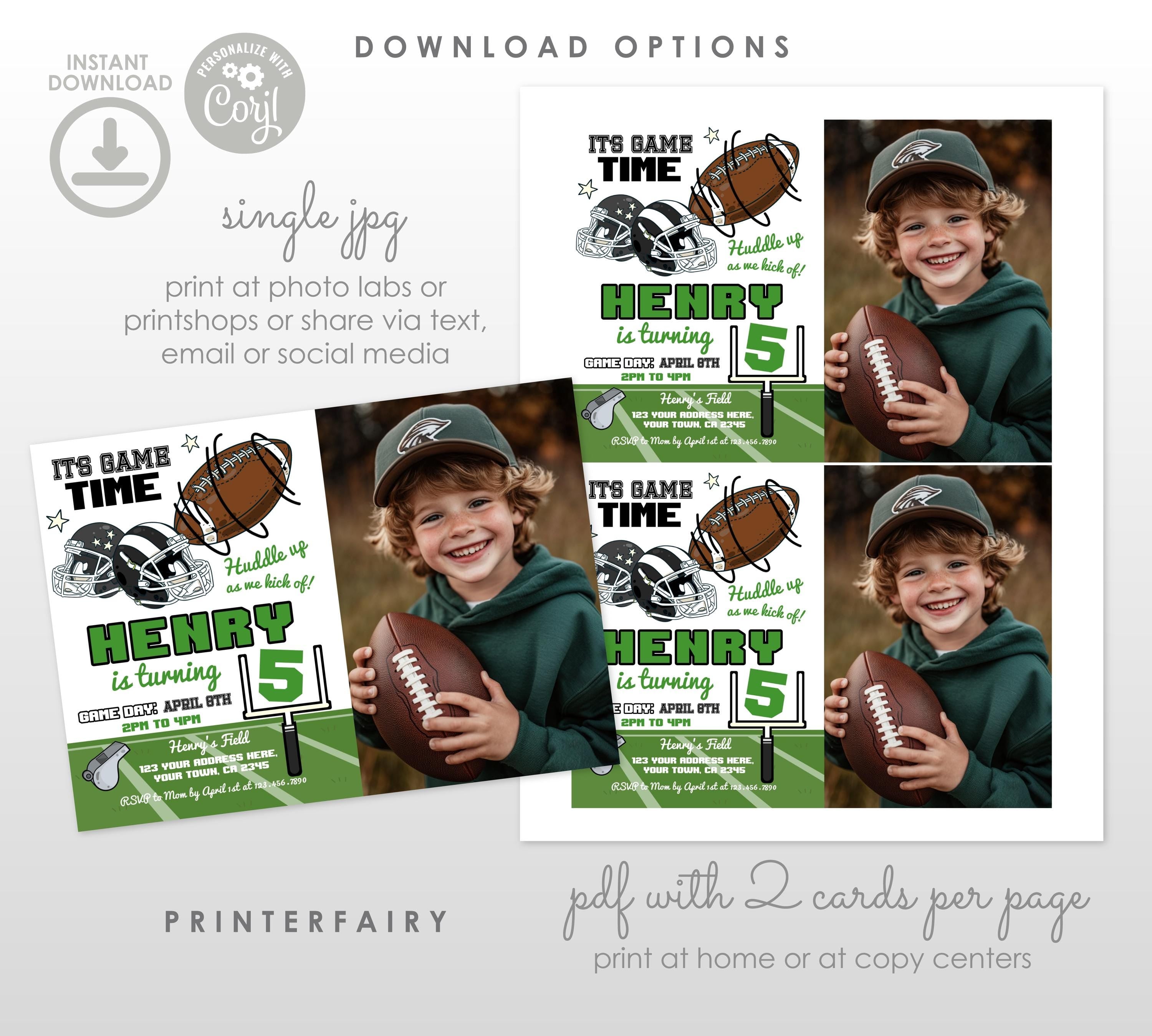 Football Party Birthday Invitation With Photo Editable Template, Game Time Invitation, Instant Download