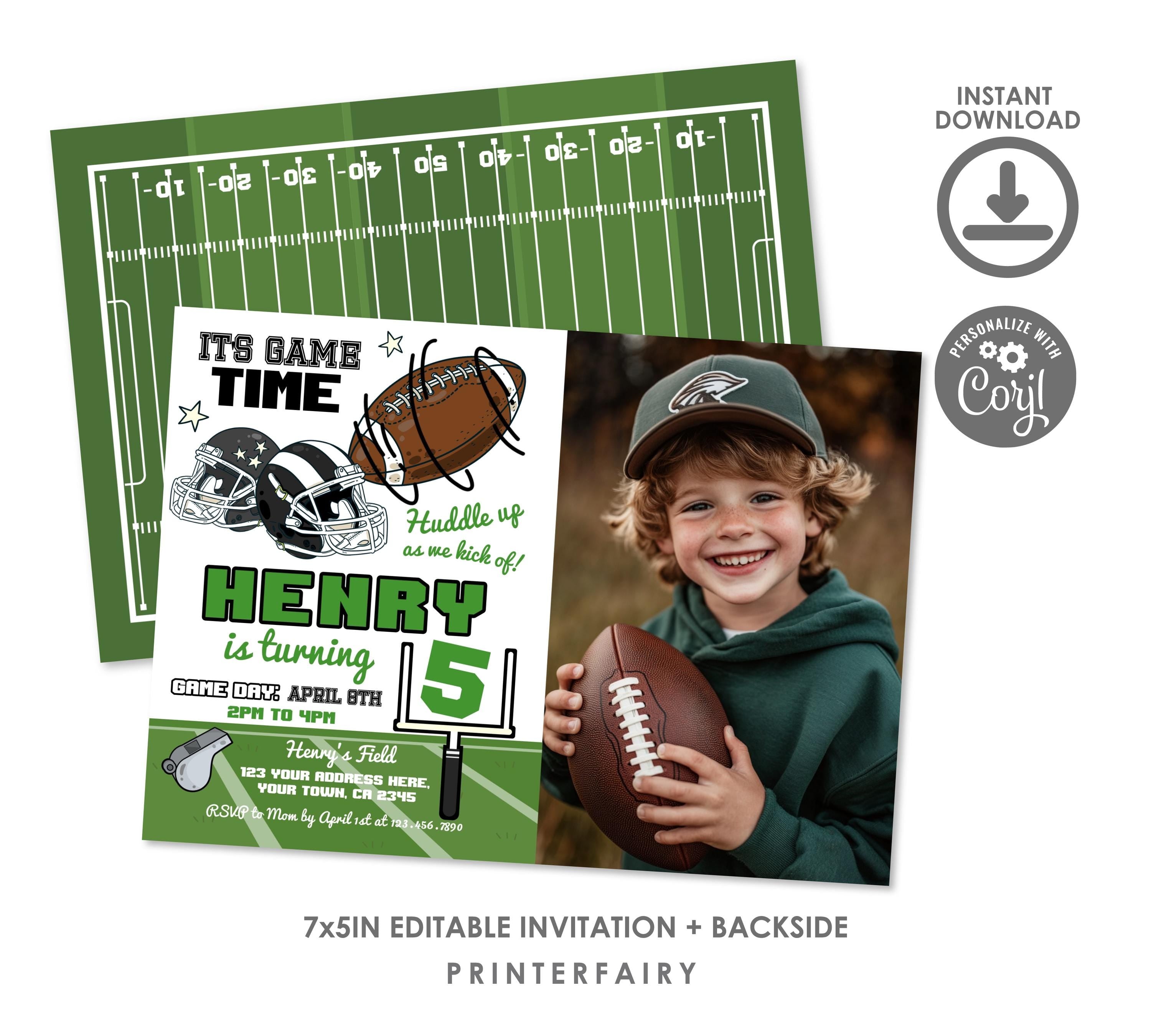 Football Party Birthday Invitation With Photo Editable Template, Game Time Invitation, Instant Download