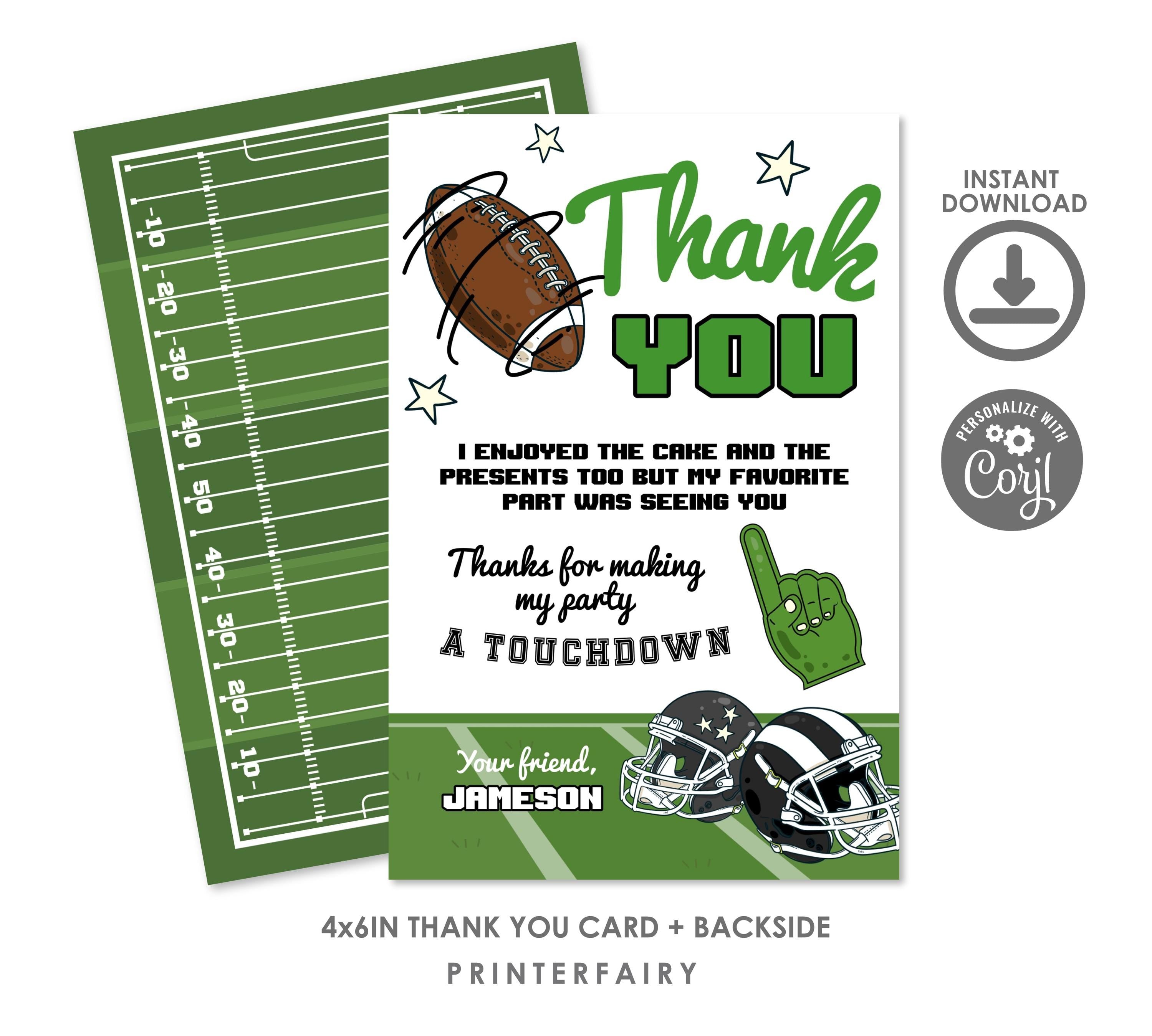 Football Birthday Thank You Card, Editable Template (Instant Download)