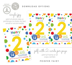 Primary Colors 2nd Birthday Invitation, Confetti Party (Editable Template, Instant Download)