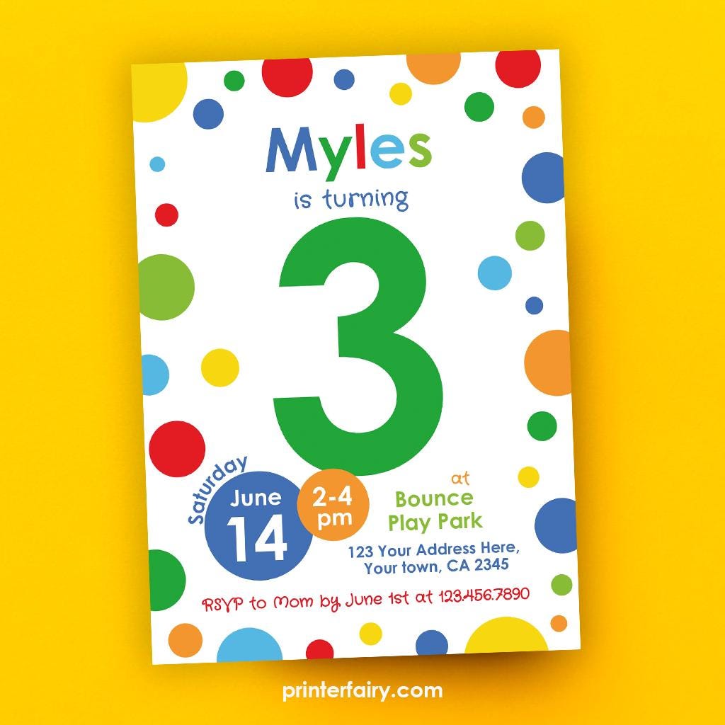 Primary Colors 3rd Birthday Invitation, Confetti Party (Editable Template, Instant Download)