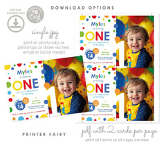 Primary Colors 1st Birthday Invitation, Photo Template (Instant Download)
