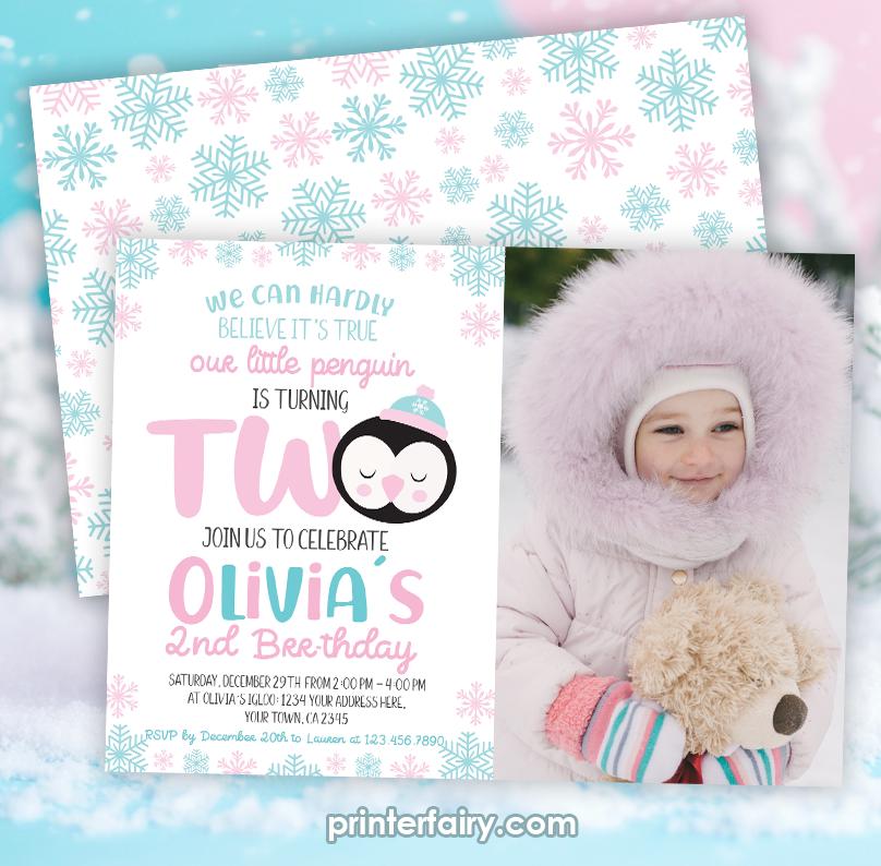 Penguin Birthday Invitation with Photo, Winter Party (EDITABLE INSTANT DOWNLOAD)