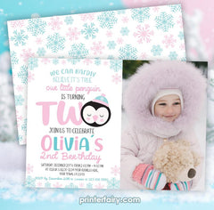 Penguin Birthday Invitation with Photo, Winter Party (EDITABLE INSTANT DOWNLOAD)