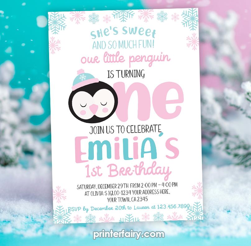 Penguin 1st Birthday Invitation, Editable Winter Party (INSTANT DOWNLOAD)
