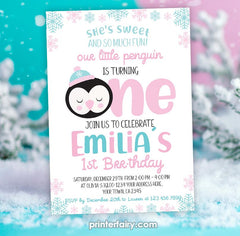 Penguin 1st Birthday Invitation, Editable Winter Party (INSTANT DOWNLOAD)