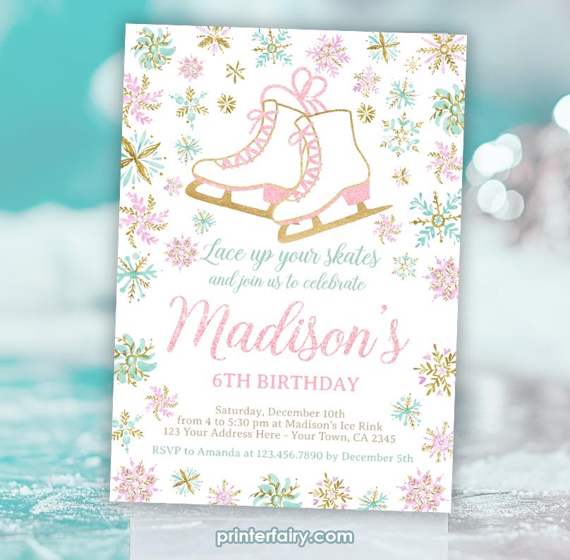 Ice Skating Birthday Invitation, Winter Snowflake Party (Digital Invite)