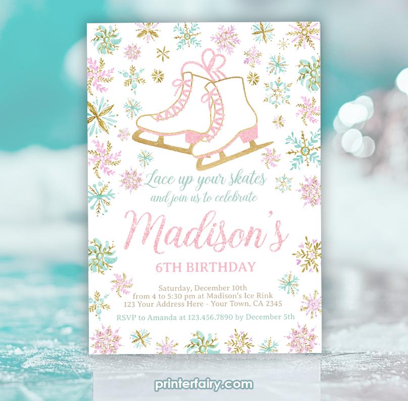 Ice Skating Birthday Invitation, Winter Snowflake Party (Digital Invite)