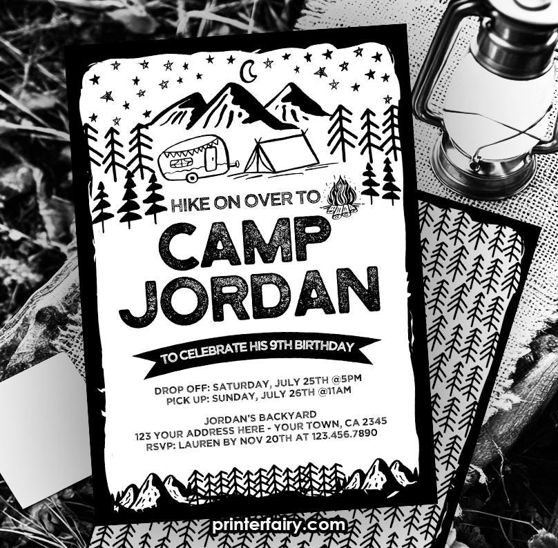 Editable Camping Birthday Invitation, Black and White (Instant Download)