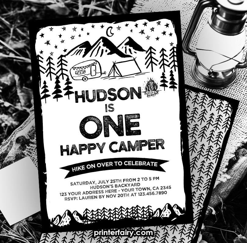 Happy Camper 1st Birthday Invitation, Camping Party (EDITABLE, INSTANT DOWNLOAD)