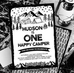 Happy Camper 1st Birthday Invitation, Camping Party (EDITABLE, INSTANT DOWNLOAD)