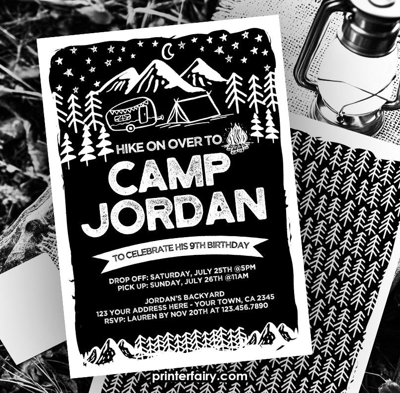 Camping Birthday Invitation, Editable Black & White (Instant Download)