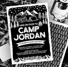 Camping Birthday Invitation, Editable Black & White (Instant Download)