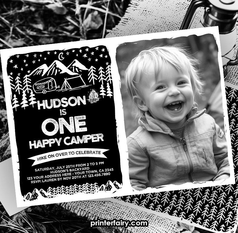 Happy Camper 1st Birthday Invitation, Photo, Summer Camp (INSTANT DOWNLOAD)