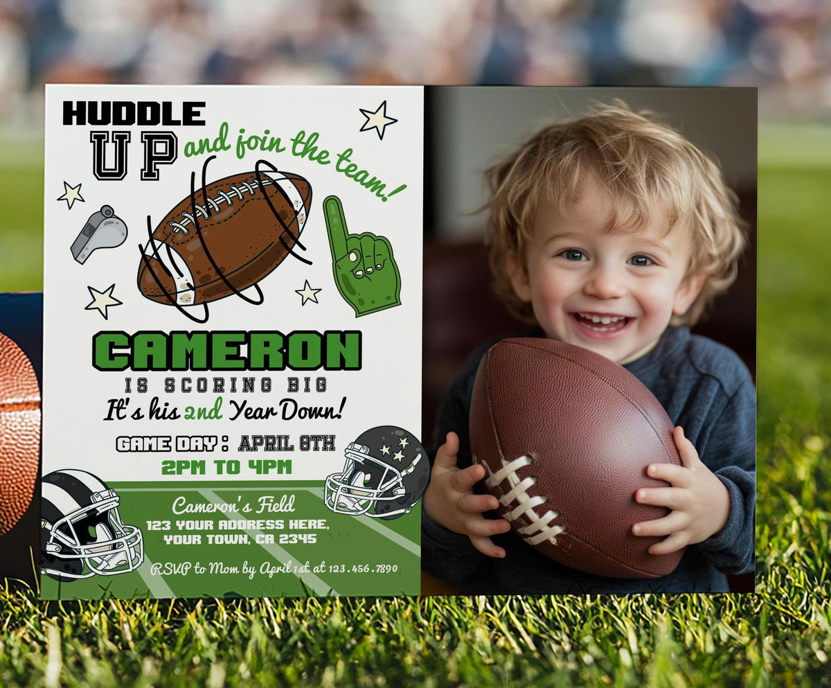 Football 2nd Birthday Invitation With Photo Editable Template, Instant Download
