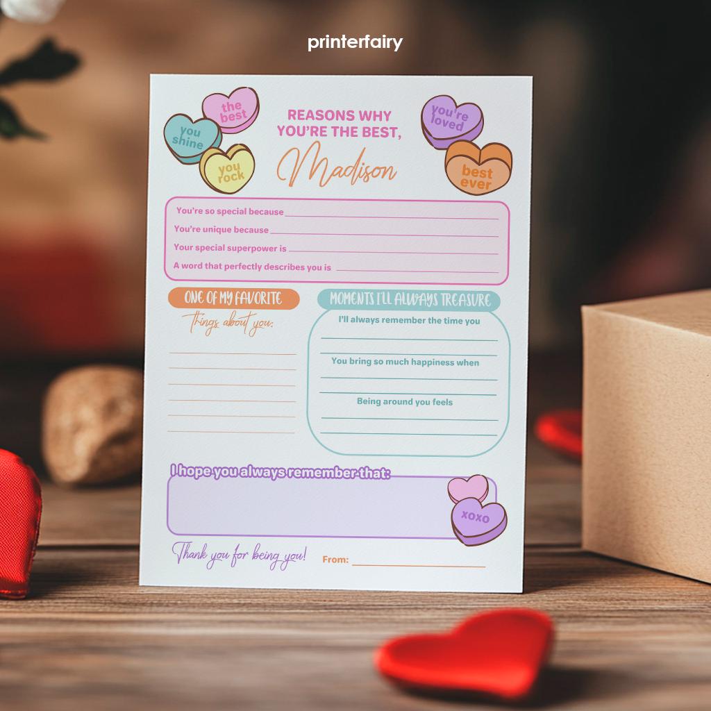 Valentines Day Card Printable Positive Affirmations Card, with editable Heart Candy phrases, Instant Download