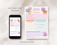 Valentines Day Card Printable Positive Affirmations Card, with editable Heart Candy phrases, Instant Download