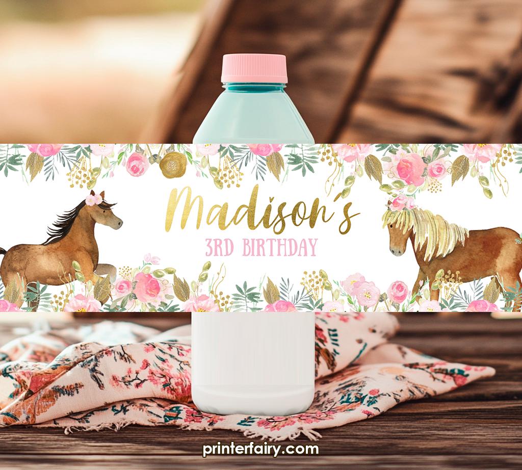 Floral Horse Birthday Water Bottle Labels, EDITABLE (Digital Download)